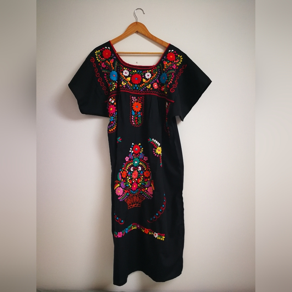 Embroidered Black Dress with Multicolor Floral Design
